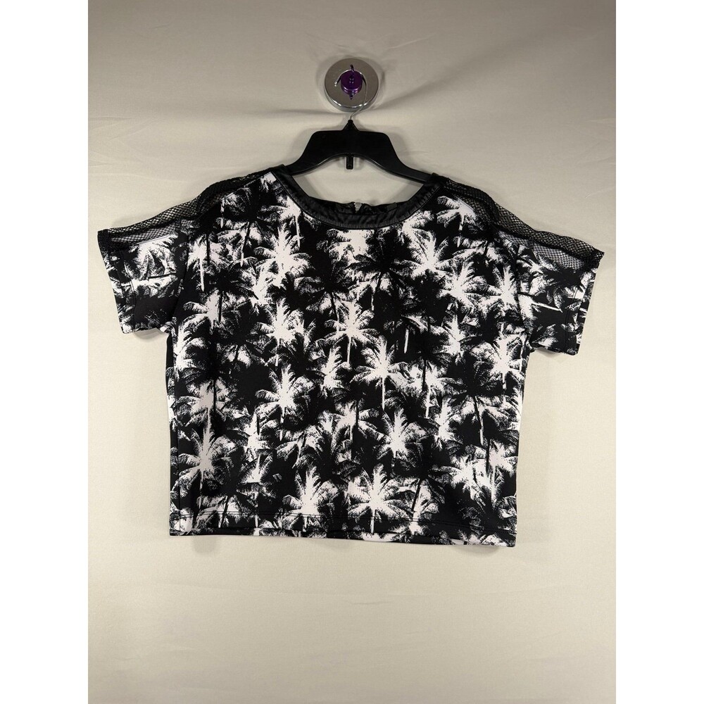 Guess Womens Modern Top Blouse size S Net Shoulder Short Sleeve Leather NeckTrim